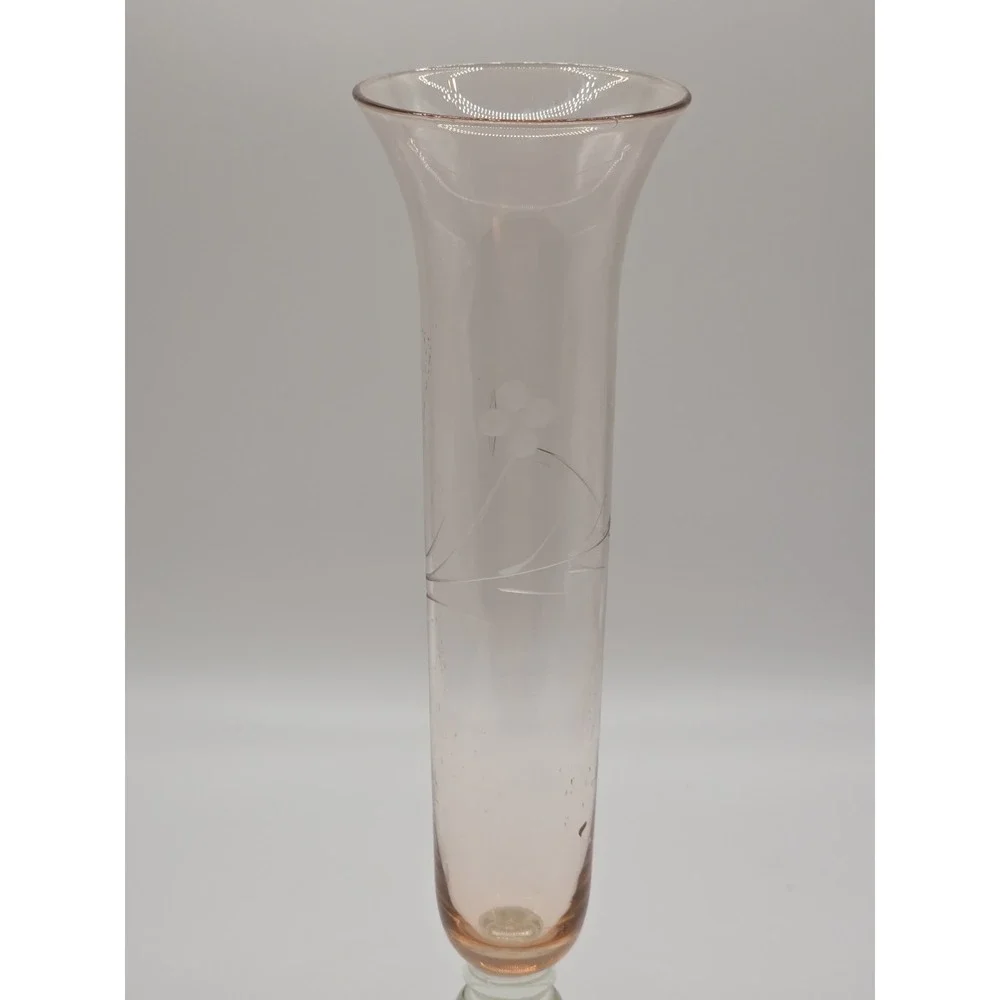 Peach Glass Vase Etched Flowers Stemmed Pedestal Vintage Delicate